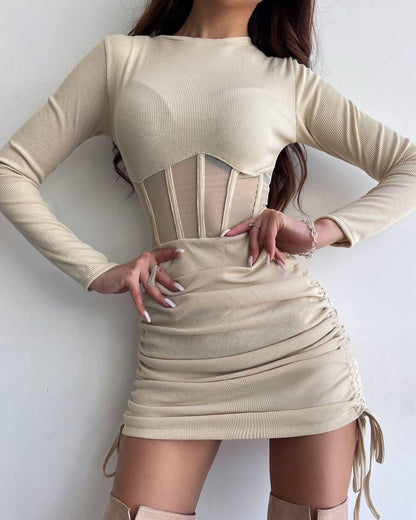 Mesh Hollow Out Cutout Waist Dress for Women Spring Summer Women Wear round Neck Sexy Long Sleeve Pleating Short Dress for Women