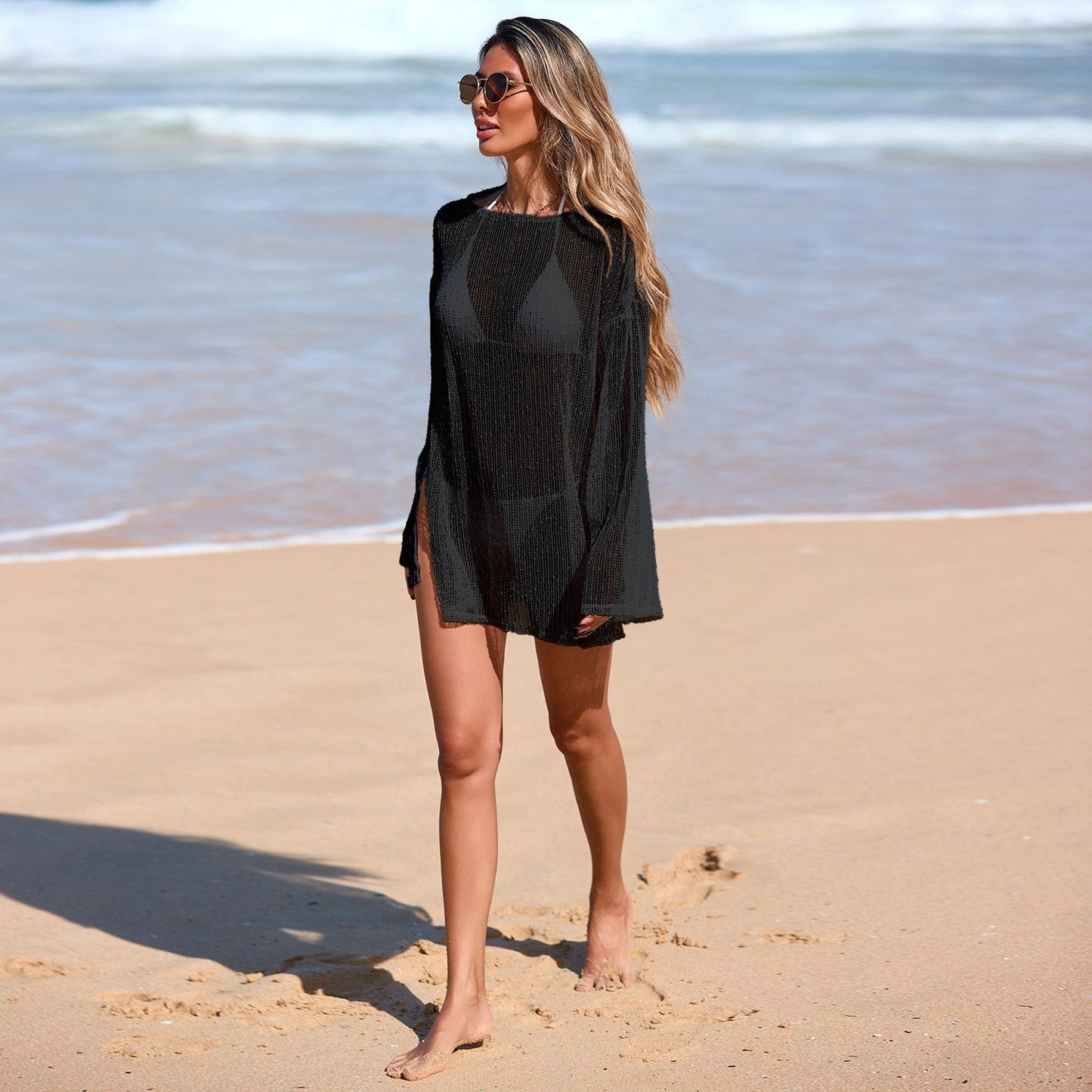 Swimsuit Outwear Cutout Blouse Women Flash Woven Snowflake Embellished round Neck Long Sleeve Blouse Beach Dress