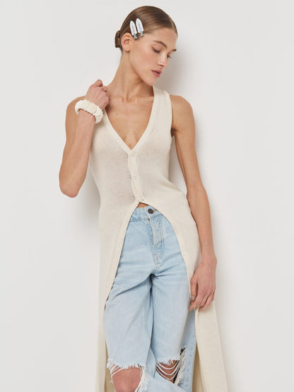 Sleeveless Design Split Long Upper Outer Garment Women Cardigan Breasted Coat Women Thin V neck