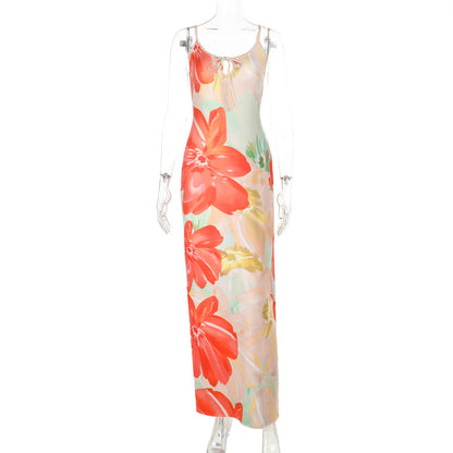 Sexy Suspenders Hollow Out Cutout Print Backless Dress Women Vacation Sexy Dress