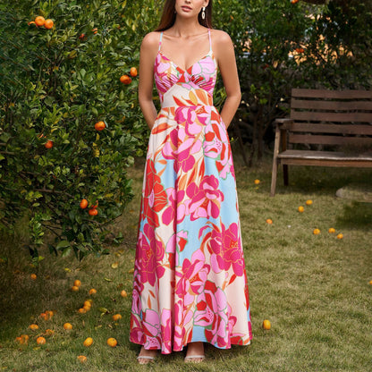 Summer Vacation Elastic Printing Fabric Strap Dress Sexy Backless Lace up Waist Slimming Maxi Dress