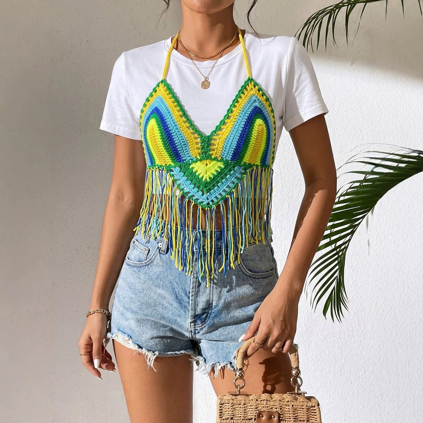 Seaside Holiday Camisole Women Clothing Tassel Shirt Mixed Color Stitching Pure Hand Crocheting Beach Bikini Top