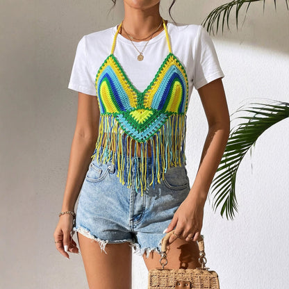 Seaside Holiday Camisole Women Clothing Tassel Shirt Mixed Color Stitching Pure Hand Crocheting Beach Bikini Top