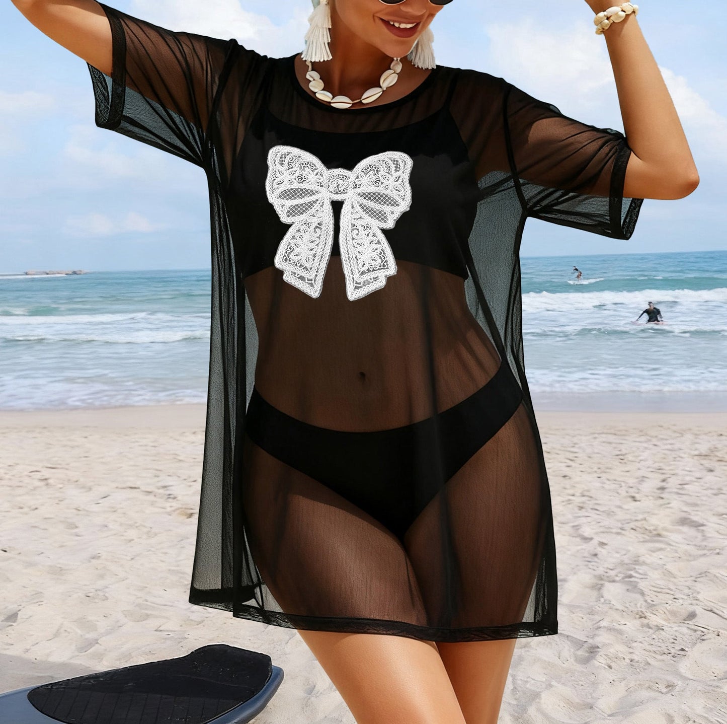 Women Clothing Sexy See through Tulle Skirt Half Sleeve Casual T shirt Lace Bow Three Dimensional Stitching Blouse Women