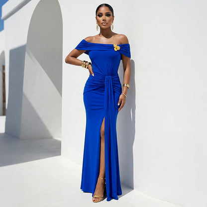 Sexy off Shoulder High Slit Dress Solid Color Women Dress Summer Short Sleeve Dress
