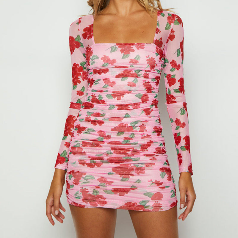 Women Spring Printed Sexy Square Collar Long Sleeve Waist Ruffle Hip Dress