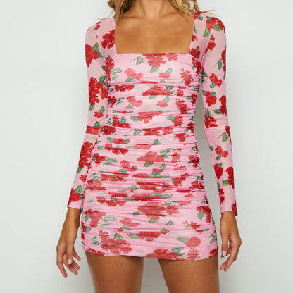 Women Spring Printed Sexy Square Collar Long Sleeve Waist Ruffle Hip Dress