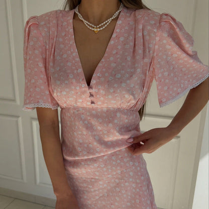 Women Clothing Summer Floral Dress Casual V neck Short Sleeve High Waist Short Dress