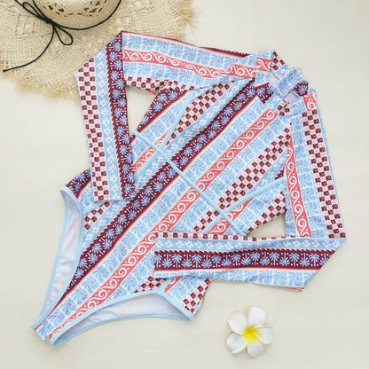 Striped Printed Long Sleeve Zipper Briefs Surfing Set One Piece Swimsuit Women