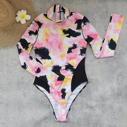 Tie Dye Gradient One Piece Swimsuit Women Sexy Triangle Long Sleeve Zipper Surfing