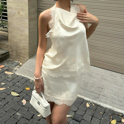 Women Clothing Sexy Sleeveless Swing Collar Halter Backless Small Tank Top Top Two Piece Sets