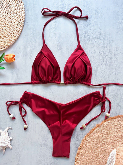 Glossy Fabric Bikini Solid Color Swimsuit Beach Sexy Ladies