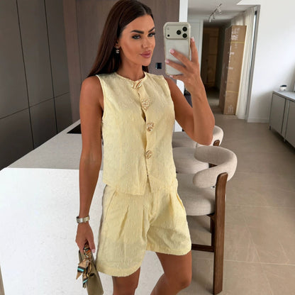 Summer Loose Sleeveless Denim Shorts Set Casual High Waist Two Piece Set