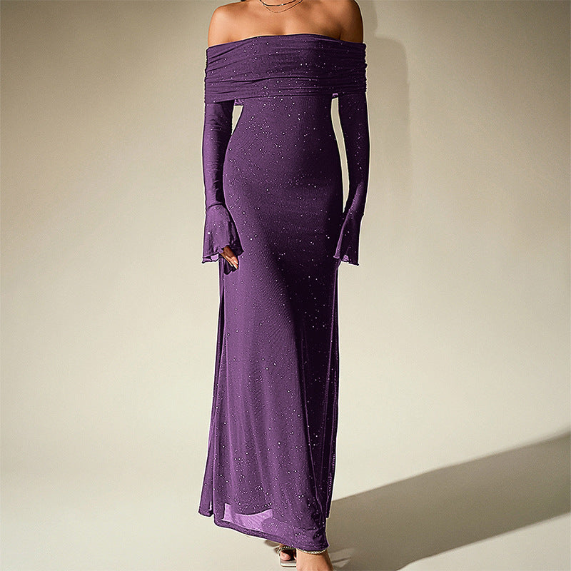 Mesh Silver Square Dress Sexy off Shoulder Flared Long Sleeve Dress Maxi Dress