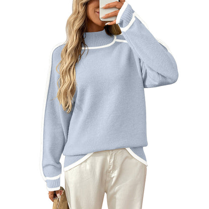 Autumn Winter Season Half Turtleneck Casual Loose Pullover Lazy Contrast Color Sweater
