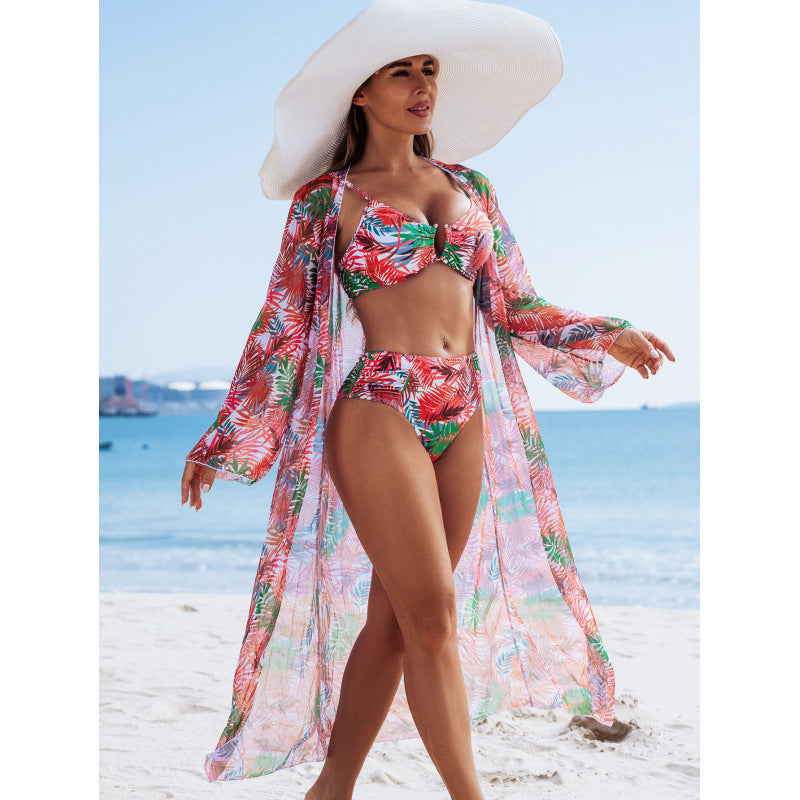 Sexy Swimsuit Women Split High Waist U Shaped Bikini Bikini Three Piece Sets Swimsuit Printed Swimsuit