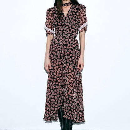 Digital Printing French Dress Women V neck Short Sleeve Front Slit Waist Seal Floral Dress