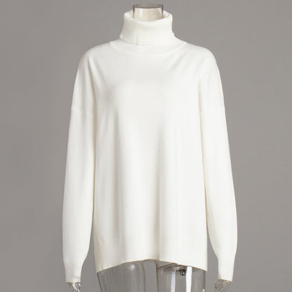 Turtleneck Sweater Women Autumn Winter Casual Sweater Slit Loose Solid Color Knitted Sweater