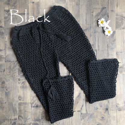 Knitted Hollow Out Cutout Beach Fishnet Pants Women Hand Crocheting Beach Lace up Trousers Sun Protective Pants