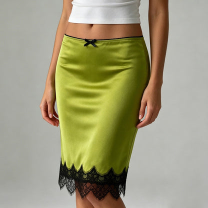Elegant Graceful Women Satin Skirt Lace Stitching Contrast Color Bow Low Waist Mid Length Hip Skirt for Women