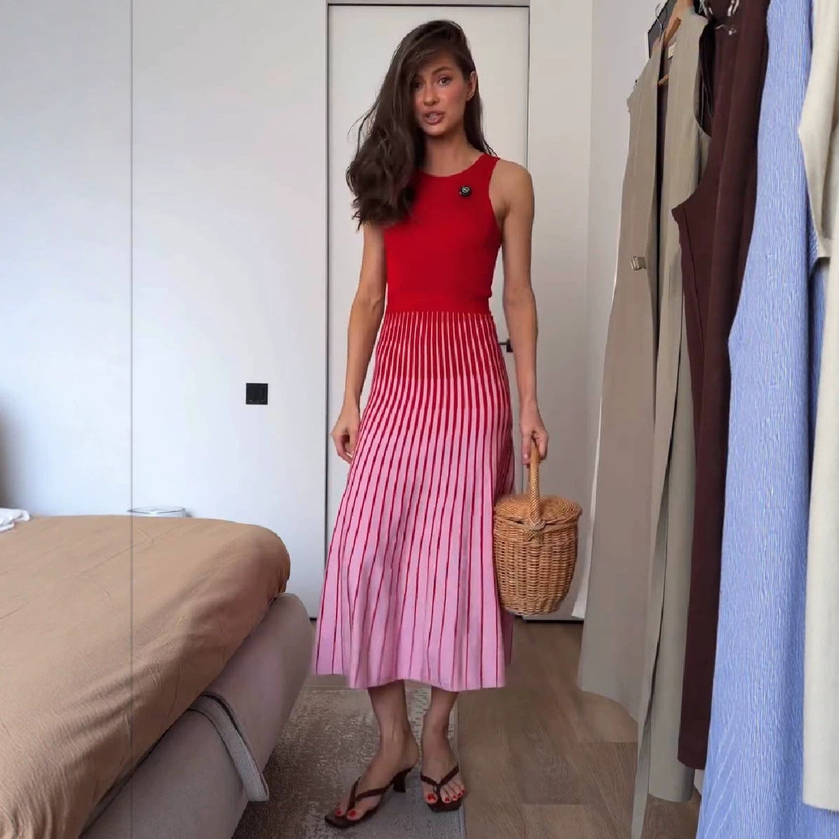 Spring Summer Contrast Colors Slimming Stripe Dress Inner Wear Fitted Waist Vest Base Knitting Dress