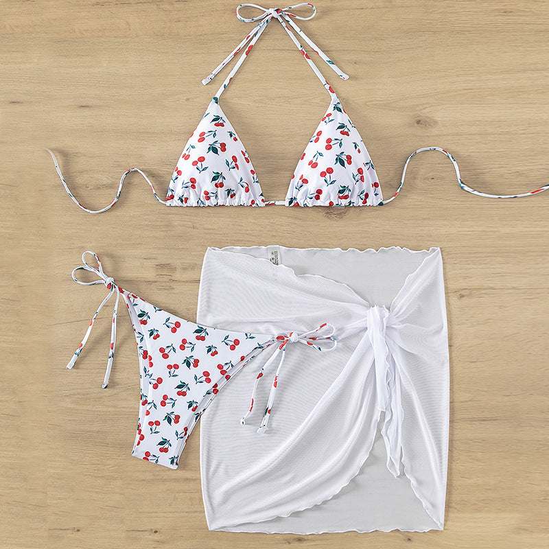 Sexy Women Bikini Three Piece Set Summer Beach Little Cherry Print Bikini