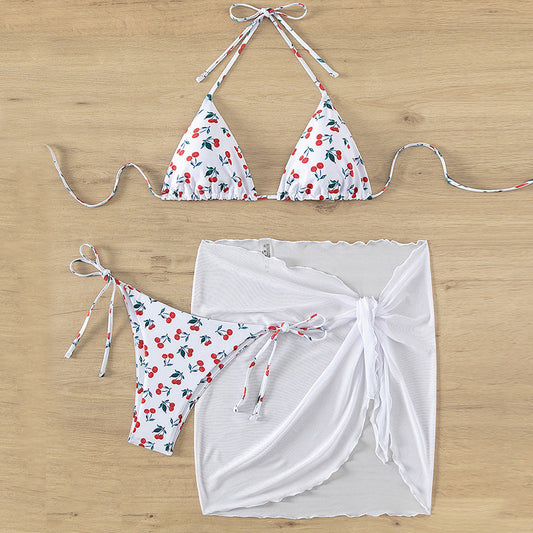 Sexy Women Bikini Three Piece Set Summer Beach Little Cherry Print Bikini