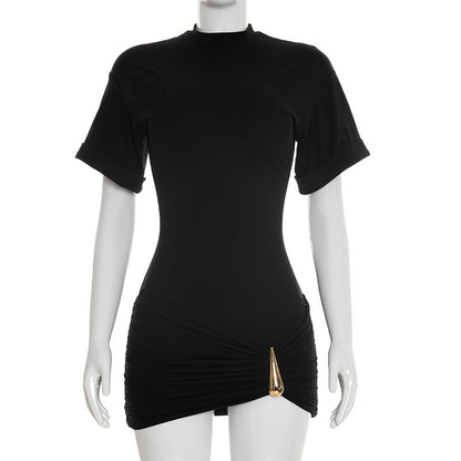 Women Clothing Spring Summer Casual Simple Solid Color Half Collar Metal Decorative Pleated Dress