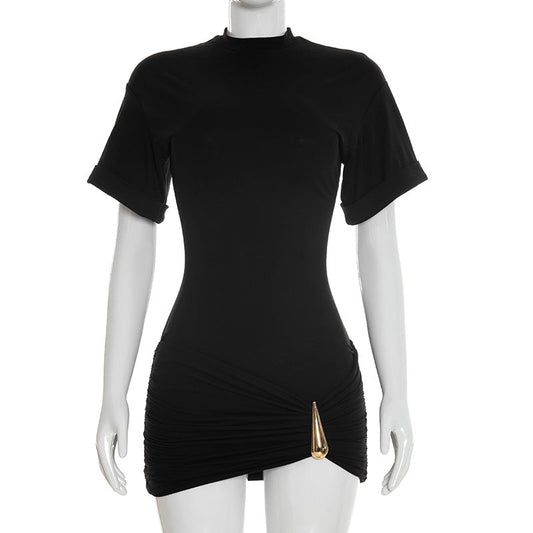 Women Clothing Spring Summer Casual Simple Solid Color Half Collar Metal Decorative Pleated Dress