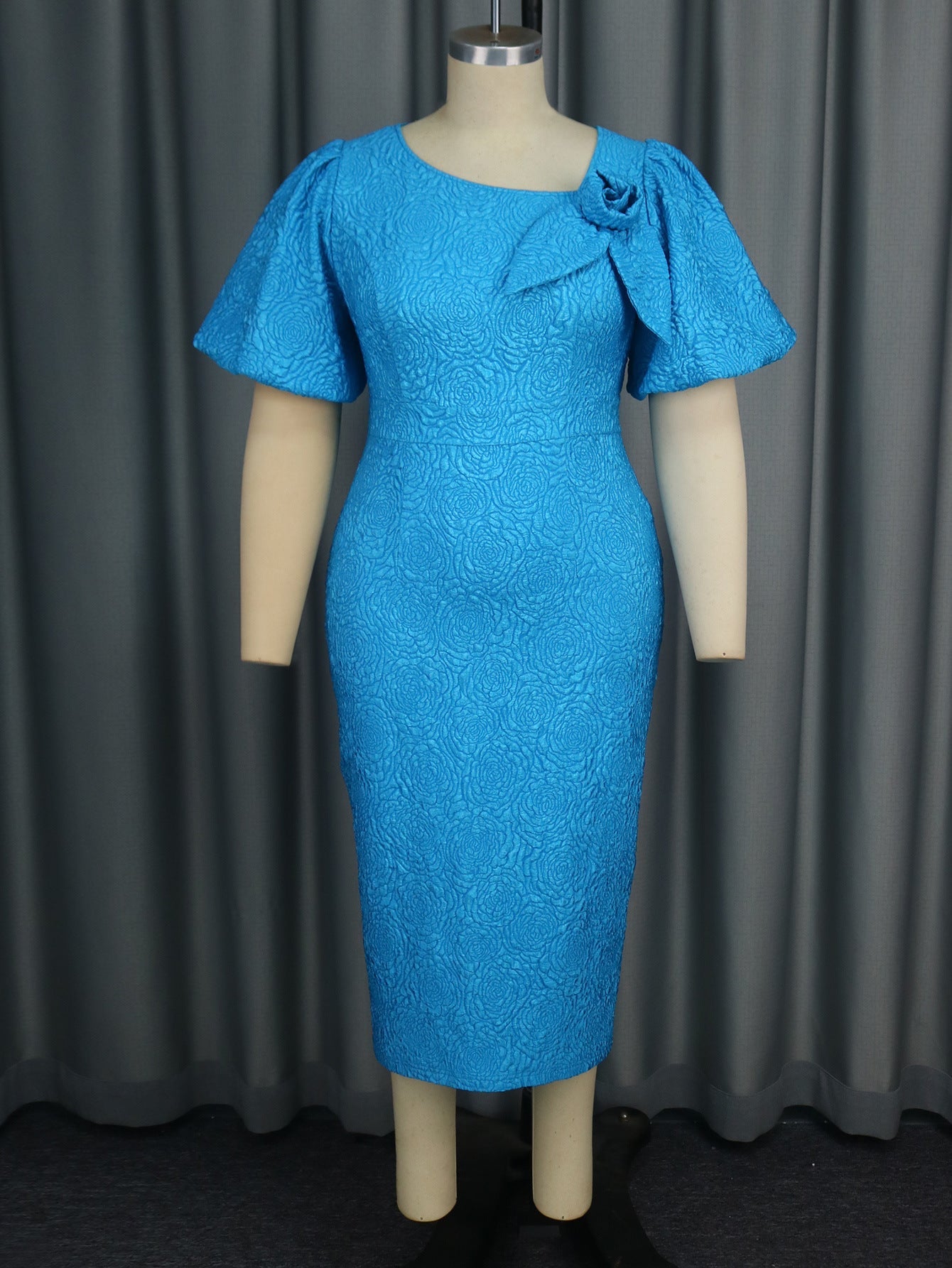 Personality Asymmetric Collar Puff Sleeve Dress Cocktail Elegant Jacquard High Waisted Dress