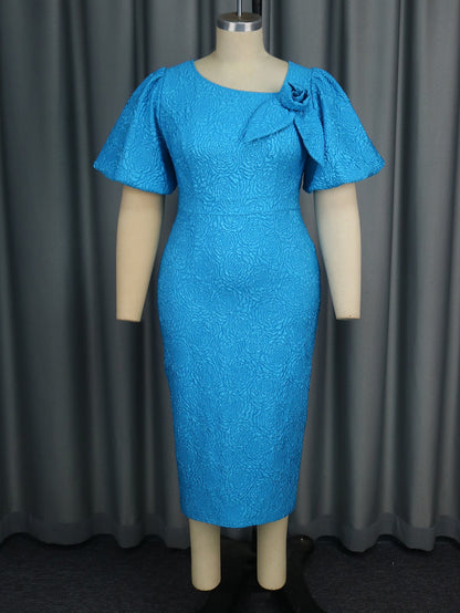 Personality Asymmetric Collar Puff Sleeve Dress Cocktail Elegant Jacquard High Waisted Dress