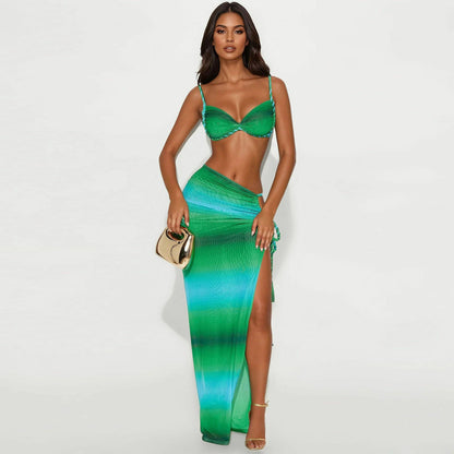 Summer Sexy Beach Vacation Swimsuit Woven Halter Top Top Split Skirt Set