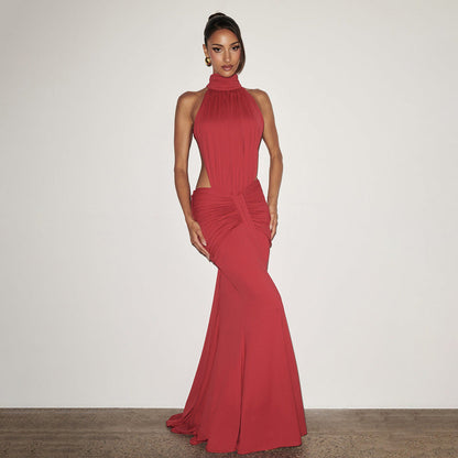 Halter Pleated Slim Fit Maxi Dress High Neck Sexy Backless Cocktail Dress