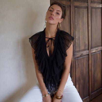 Women Clothing Summer Sexy Deep V Plunge neck Flounce Stitching Strap Sleeveless T shirt Top