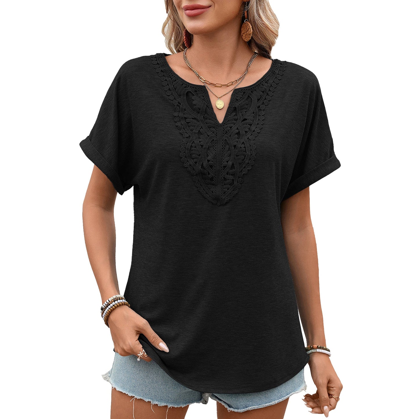 Women Clothing Spring Summer Solid Color V neck Lace Loose Short Sleeve T shirt Top