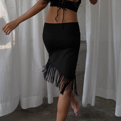 Elegant Sexy Woman Tassel Irregular Asymmetric Low Waist Skirt Retro Street Sexy Hip Mid Skirt