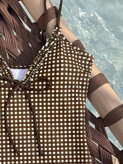 One Piece Swimsuit Plaid Striped Print Knotted Sexy Bikini Beach Women