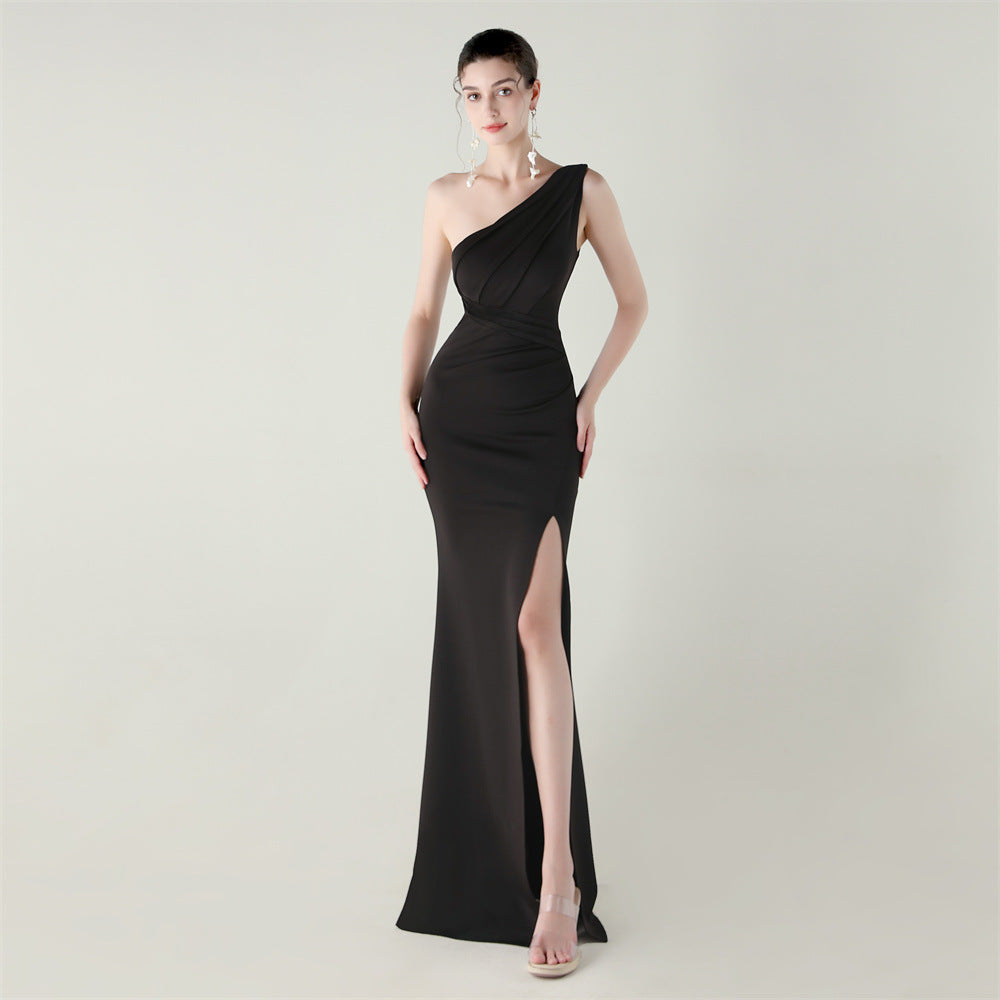 One Shoulder Slim Fit Satin Folding High Slit Sexy Evening Dress Fishtail Dress Dinner Wedding Social Networking