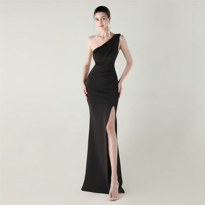 One Shoulder Slim Fit Satin Folding High Slit Sexy Evening Dress Fishtail Dress Dinner Wedding Social Networking