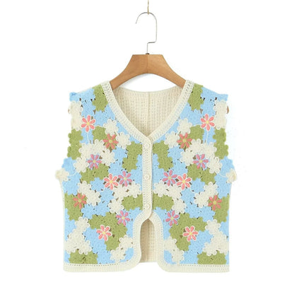Women Retro Thailand Holiday Floral Vest Cardigan Top Casual All Matching Graceful