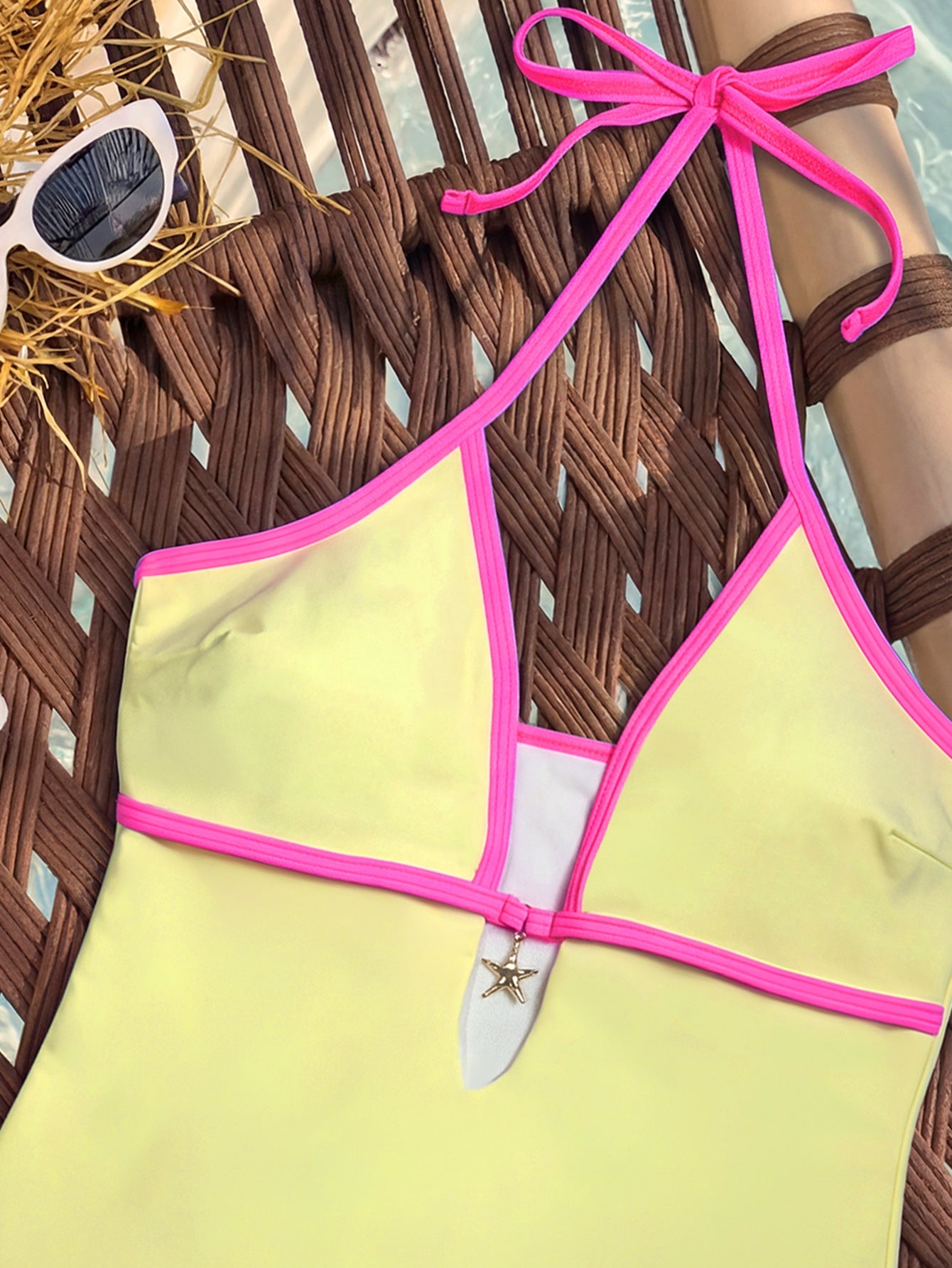 One Piece Bikini Contrast Color Halter Lace up Chest Hollow Out Cutout out Small Embellished Sexy Bikini Women