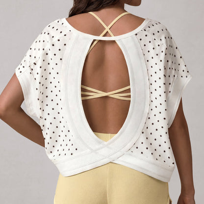 Hollow Out Cutout Polka Dot Lazy Relaxed Loose Exercise Blouse Women Breathable Training Short Sleeve Workout Yoga Top