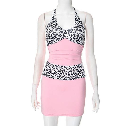 Women Clothing Spring Summer Lace up Halter Deep V Plunge neck Leopard Print Stitching Pleated Sheath Dress