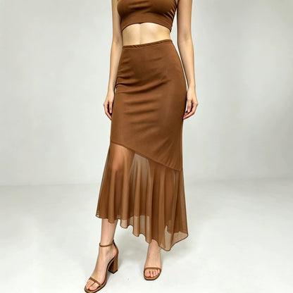 Summer Women Clothing Mesh Stitching Irregular Asymmetric Skirt Slimming Hip Skirt