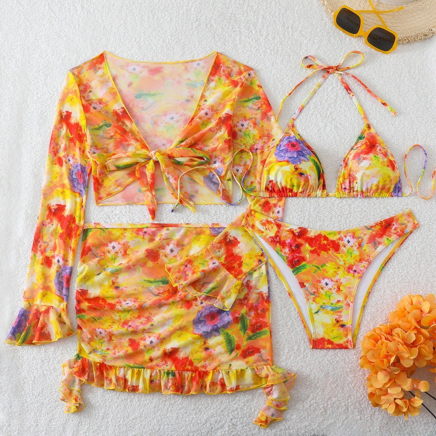 Swimsuit Printed Four Piece Bedding Set Beach Skirt Bikini Swimsuit Women Bikini
