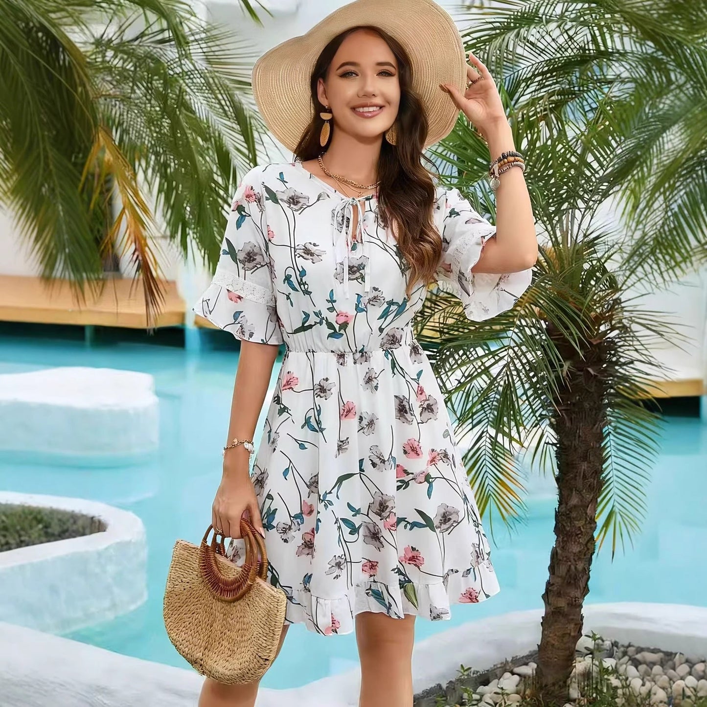 V neck Lace up Floral Dress Women Clothing Summer Clothes Design Short Sleeve Chiffon A line Dress