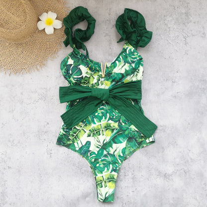 V neck Hollow Out Cutout Heavy Industry Line Pressing One Piece Swimsuit Women Printing Swimsuit