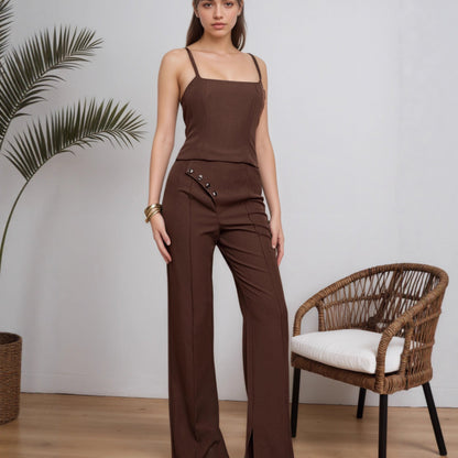 Women Clothing Spring Summer Women Elegant Sleeveless Wide Leg Pants Two Piece Set