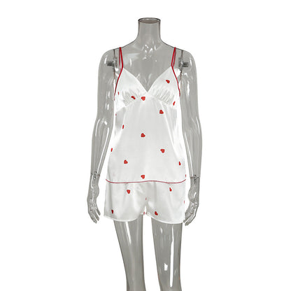 Spring Homewear Heart Printing Suspender Shorts Sexy Two Piece Set Satin Women Pajamas