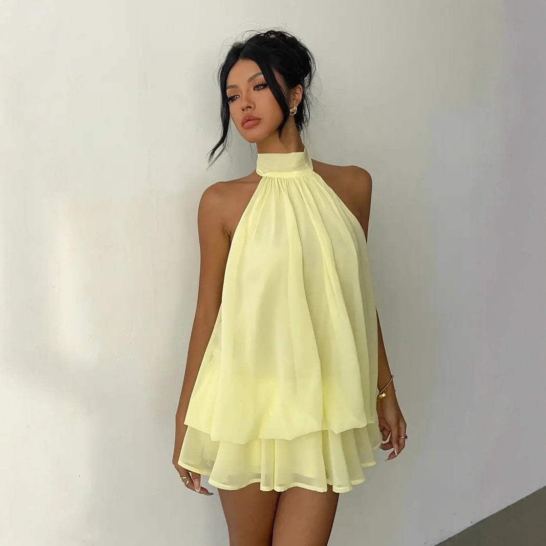 Vacation Figure Flattering Fashionable Sexy Backless Halter Lace Up Waist Trimming Solid Color Dress